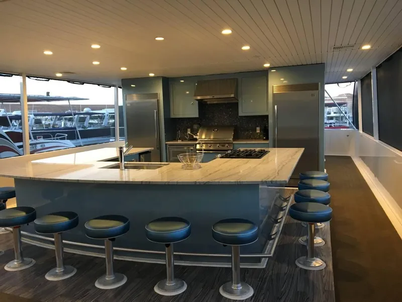 Slide: The Image of Modern bedroom with blue bedding, wall-mounted TV, and ambient lighting, Adonia Azul Trip 2017. - 19