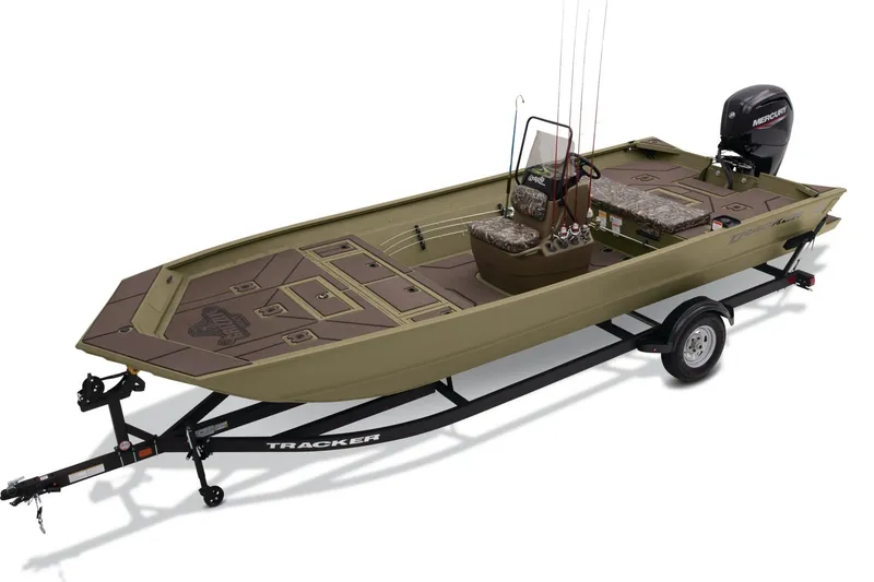 Slide: The Image of 2024 Tracker Grizzly 2072 CC boat on trailer, featuring camouflage seating and Mercury outboard motor. - 15