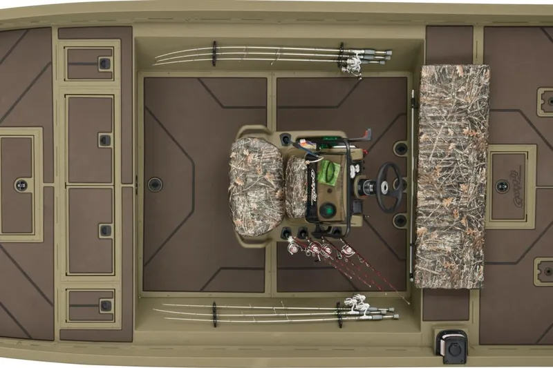 Slide: The Image of 2024 Tracker Grizzly 2072 CC boat interior with fishing rods and camo seating. - 17
