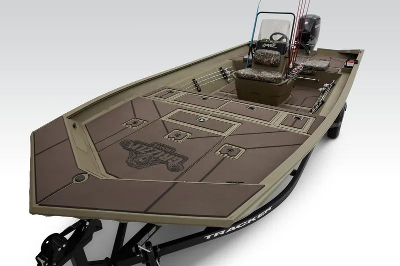 Slide: The Image of 2024 Tracker Grizzly 2072 CC fishing boat with spacious deck and camouflage seating. - 28