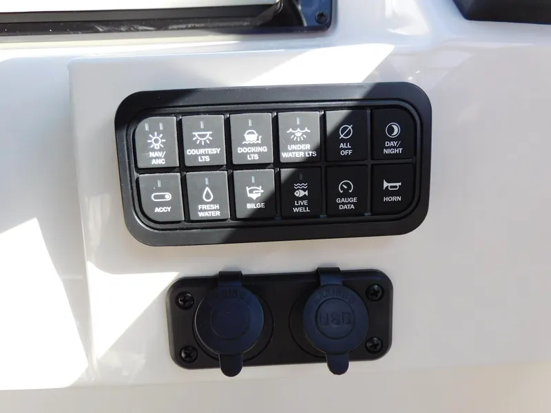Slide: The Image of Control panel of a 2024 Stingray 231 DC boat with various switches and USB ports. - 20