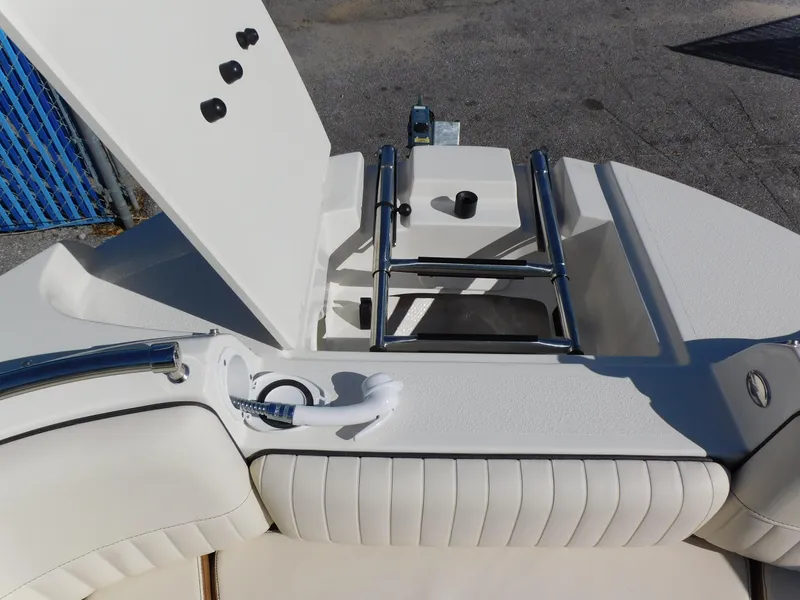 Slide: The Image of 2024 Stingray 231 DC boat with open storage compartment and ladder. - 32