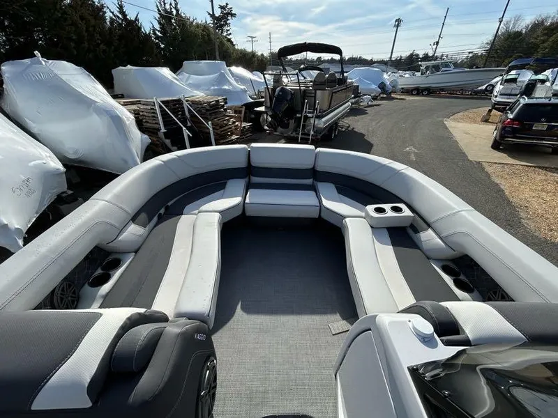 Slide: The Image of 2024 Viaggio d22q pontoon boat with spacious seating and modern design. - 15