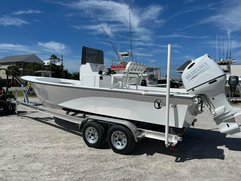 Slide: The Image of 2025 C-Hawk 23 Center Console boat on trailer, featuring Suzuki outboard motor. - 5