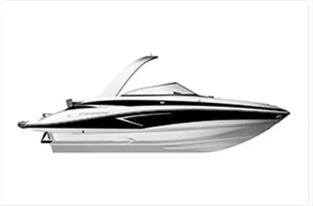 Slide: The Image of 2024 Crownline E255 boat, side view, sleek black and white design. - 18