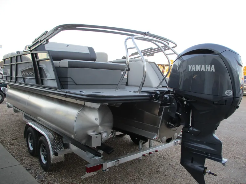 Slide: The Image of 2024 Starcraft EXS 1 Q DH pontoon boat with Yamaha outboard motor. - 3