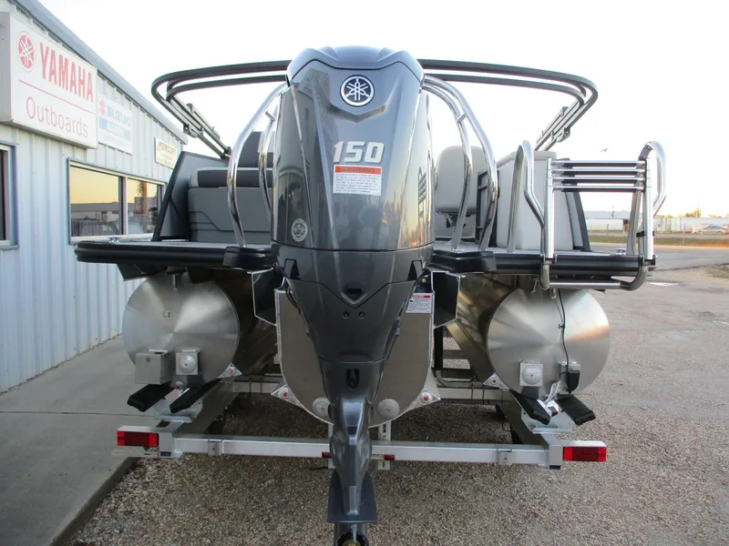 Slide: The Image of 2024 Starcraft EXS 1 Q DH pontoon boat with Yamaha 150 outboard motor. - 4