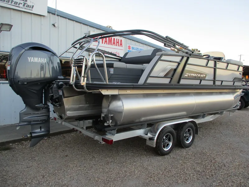 Slide: The Image of 2024 Starcraft EXS 1 Q DH pontoon boat with Yamaha outboard motor. - 5
