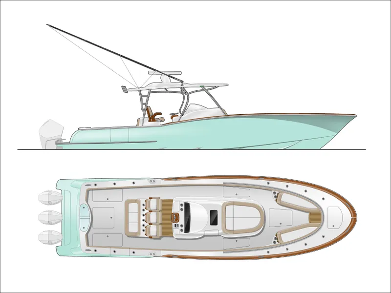 Slide: The Image of 2025 Mag Bay 38 CC boat design, side and top view, sleek and modern layout. - 23