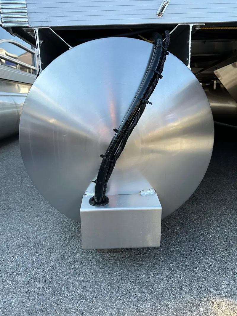 Slide: The Image of 2025 Bennington 188 SF pontoon boat underside with visible wiring and metal structure. - 18