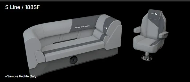 Slide: The Image of 2025 Bennington 188 SF boat seats, featuring gray upholstery and modern design. - 24