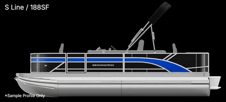 Slide: The Image of 2025 Bennington 188 SF pontoon boat, side view, black and blue design. - 37