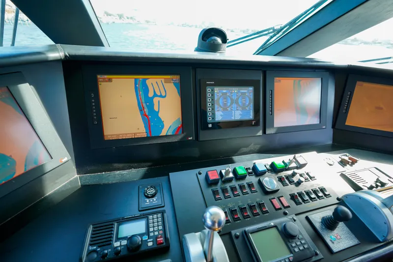 Slide: The Image of 1997 Hatteras Sportfish control panel with navigation screens and controls. - 49