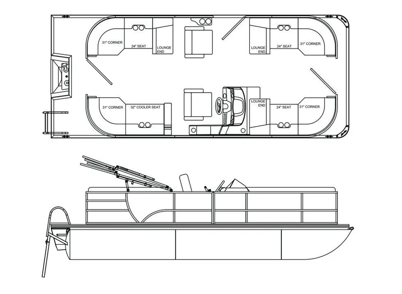 Slide: The Image of 2024 Bentley Pontoons Legacy 220 Navigator floor plan and side view blueprint. - 3