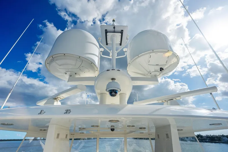 Slide: The Image of Close-up of radar and communication equipment on a 2008 Westport 130 yacht. - 18