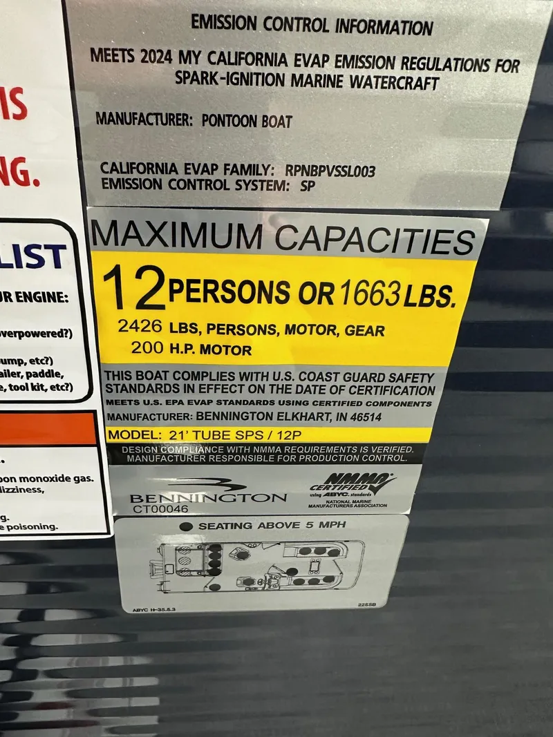 Slide: The Image of 2025 Bennington 22 SSB Tritoon capacity label, 12 persons or 1663 lbs, 200 HP motor. - 16