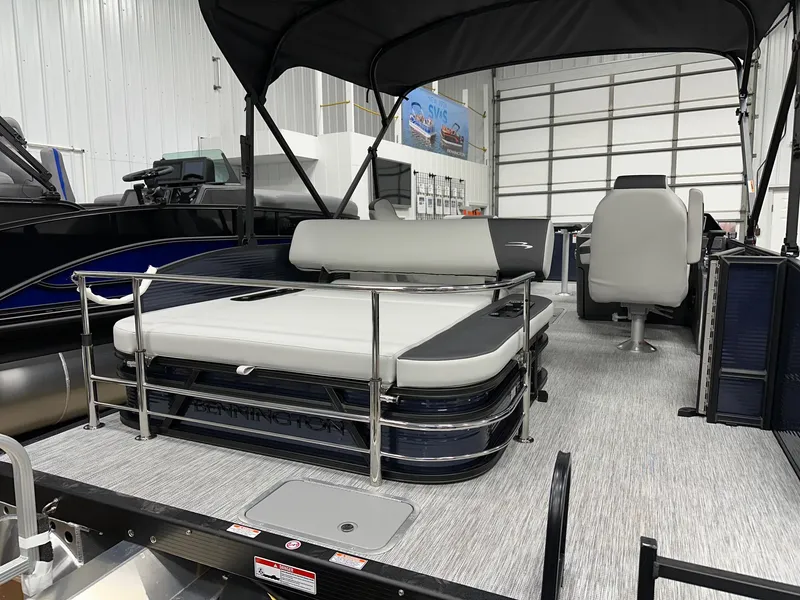 Slide: The Image of 2025 Bennington 22 SSB Tritoon with Yamaha F-150Hp, featuring swing back seating. - 18