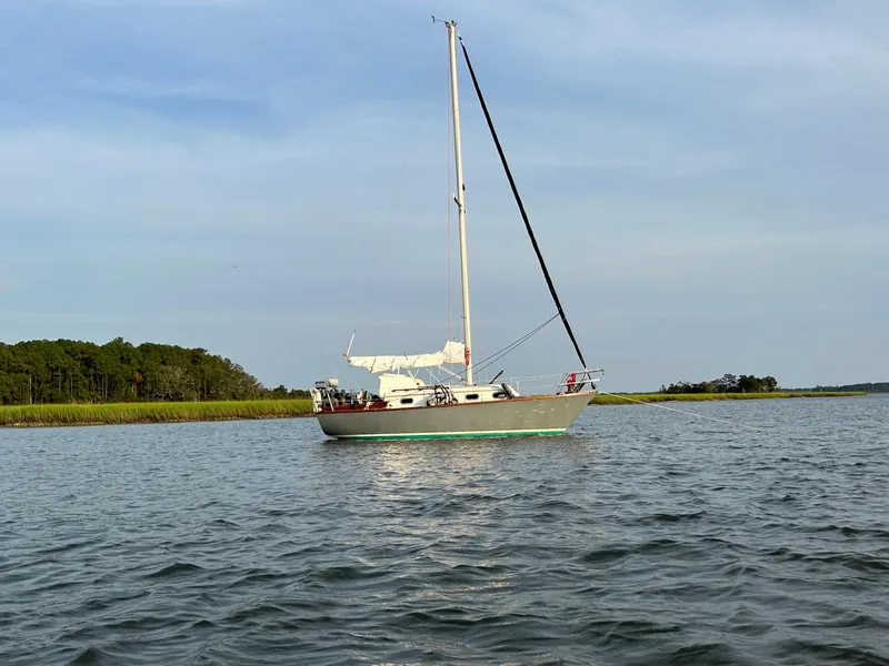 Slide: The Image of 1985 Cape Dory 270 sailboat anchored on calm water near a shoreline. - 5