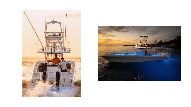 Slide: The Image of 2024 Bahama 41 Super Center Console boat at sunset and night. - 3