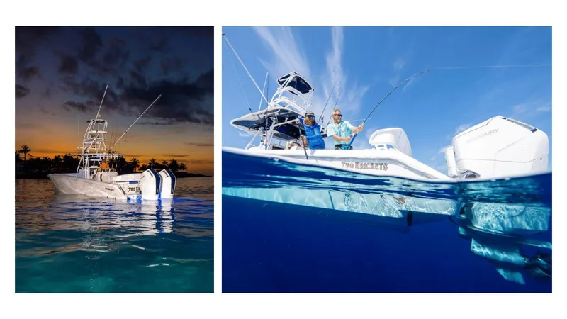 Slide: The Image of 2024 Bahama 41 Super Center Console boat on water at sunset and daytime. - 4