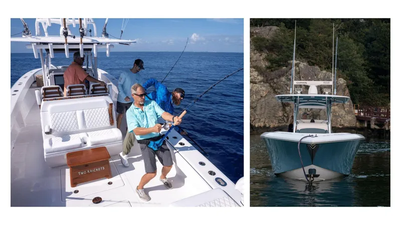 Slide: The Image of 2024 Bahama 41 Super Center Console boat in action, perfect for deep-sea fishing. - 5