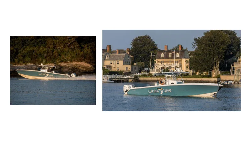 Slide: The Image of 2024 Bahama 41 Super Center Console boat cruising on water. - 6