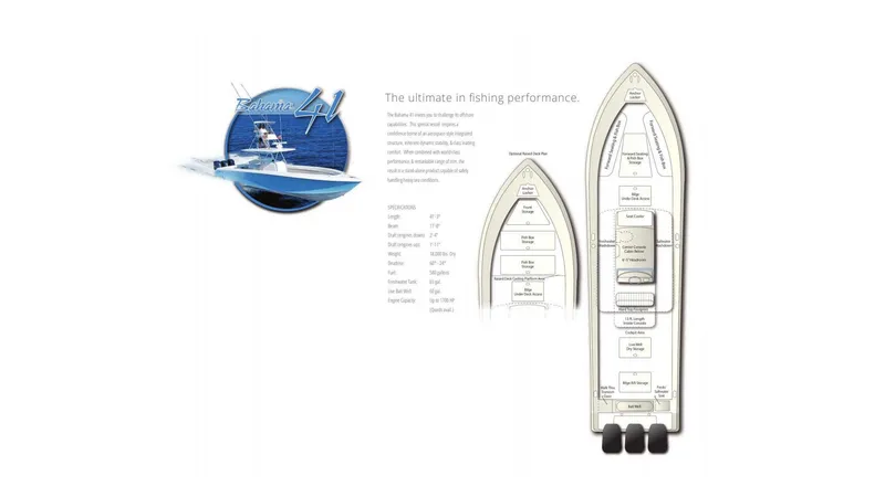 Slide: The Image of 2024 Bahama 41 Super Center Console boat layout and specifications. - 7