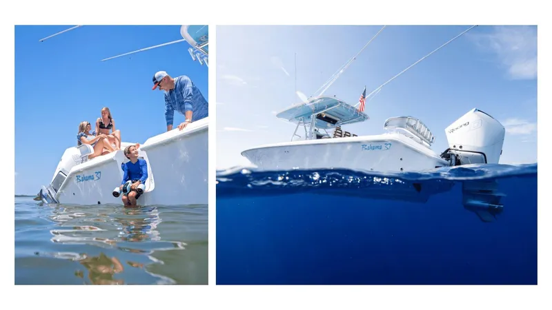 Slide: The Image of 2024 Bahama 37 Super Center Console boat with family enjoying the water. - 4
