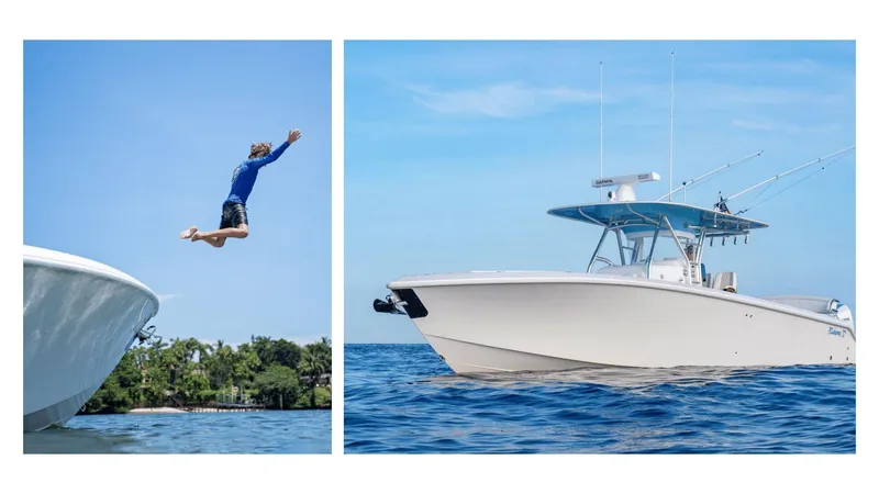 Slide: The Image of 2024 Bahama 37 Super Center Console boat on water with person jumping off. - 5