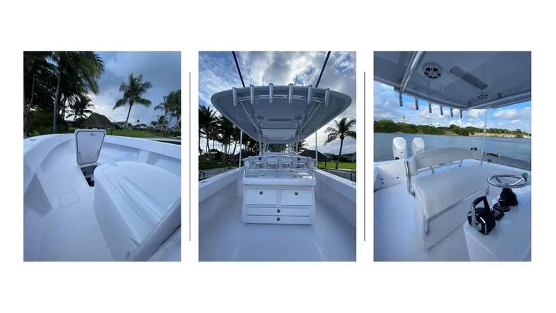 Slide: The Image of 2024 Bahama 35 Super Center Console boat with sleek white interior and advanced features. - 5