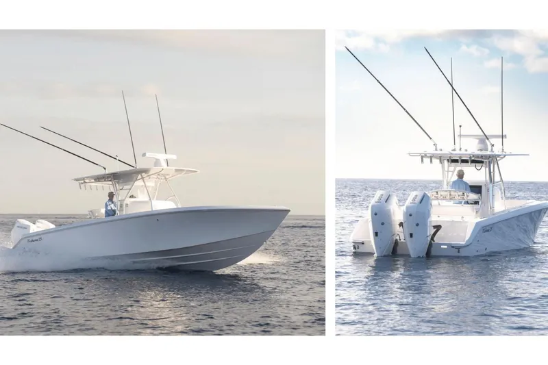 Slide: The Image of 2024 Bahama 35 Super Center Console boat on open water. - 3