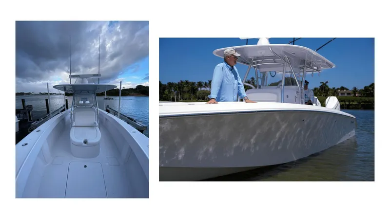 Slide: The Image of 2024 Bahama 35 Super Center Console boat on water, showcasing sleek design and spacious deck. - 4