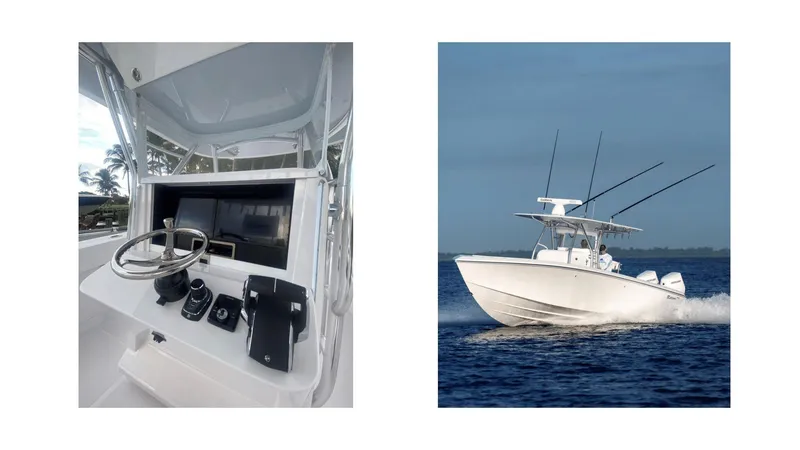 Slide: The Image of 2024 Bahama 35 Super Center Console boat, interior helm and exterior view. - 6