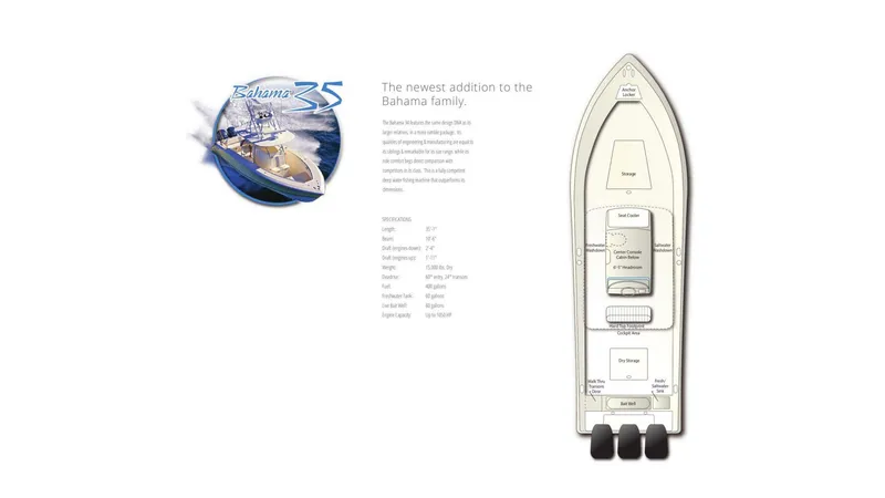 Slide: The Image of 2024 Bahama 35 Super Center Console boat layout and specifications. - 7