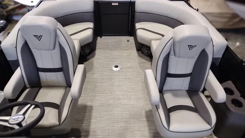 Slide: The Image of 2024 Viaggio Lago X18U boat interior with plush seating and modern design. - 10
