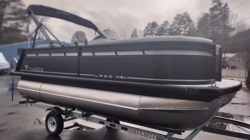 Slide: The Image of 2024 Viaggio Lago X18U pontoon boat on a Venture trailer. - 8