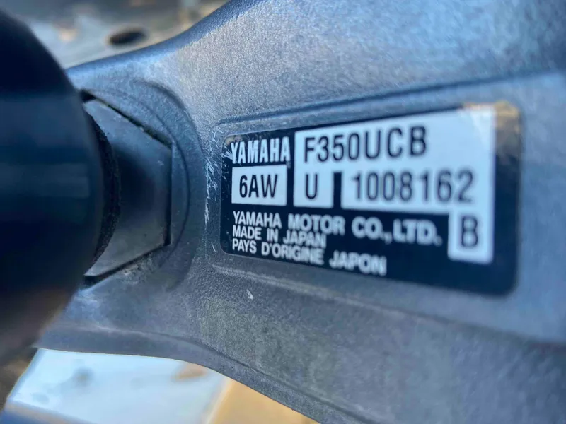 Slide: The Image of Close-up of Yamaha F350UCB engine label on 2014 Wellcraft 35 Scarab Tournament boat. - 16
