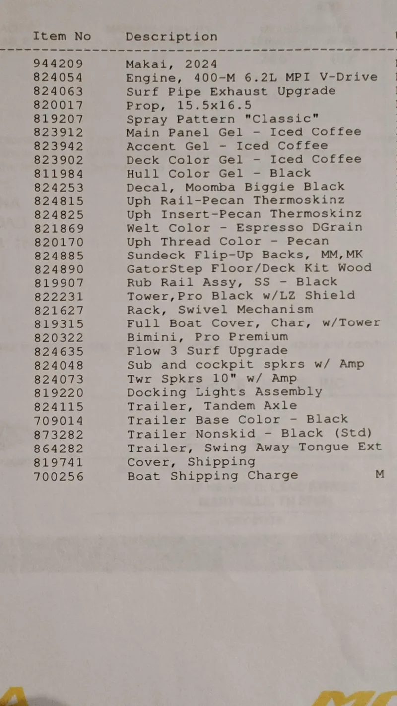 Slide: The Image of 2024 Moomba Makai boat specifications and features list, including engine, color, and accessories. - 19