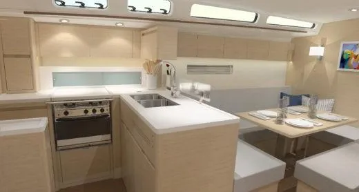 Slide: The Image of Modern kitchen and dining area in 2025 X-Yachts X-4.9, featuring sleek design and ample lighting. - 10