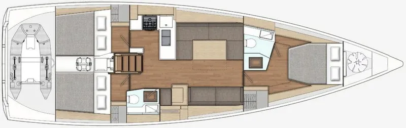 Slide: The Image of Floor plan of 2025 X-Yachts X-4.9 sailboat, featuring cabins and living areas. - 12