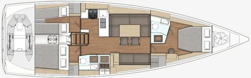 Slide: The Image of 2025 X-Yachts X-4.9 interior layout with cabins, kitchen, and living area. - 13