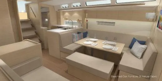 Slide: The Image of Luxurious interior of 2025 X-Yachts X-4.9 with elegant oak furniture and modern dining area. - 14