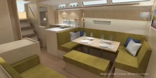 Slide: The Image of Interior of 2025 X-Yachts X-4.9 featuring modern dining area with green seating. - 17