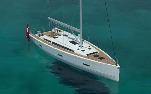 Slide: The Image of 2025 X-Yachts X-4.9 sailboat on clear turquoise water, featuring sleek design and modern amenities. - 3