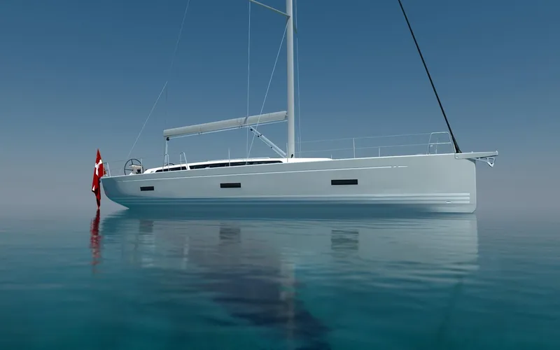 Slide: The Image of 2025 X-Yachts X-4.9 sailboat on calm water, sleek design, clear sky. - 8