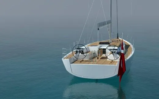Slide: The Image of 2025 X-Yachts X-4.9 sailboat on calm water, rear view with dual steering wheels. - 9