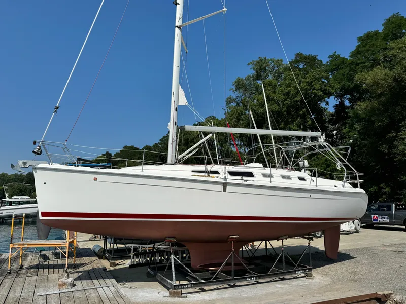 Slide: The Image of 2005 Hunter 38 sailboat on dry dock, ready for maintenance. - 4