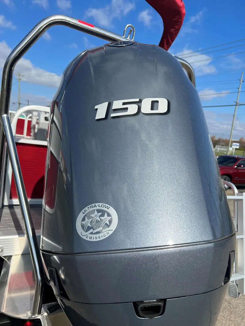 Slide: The Image of 2023 Bennington SV Line boat with a 150 horsepower engine. - 2