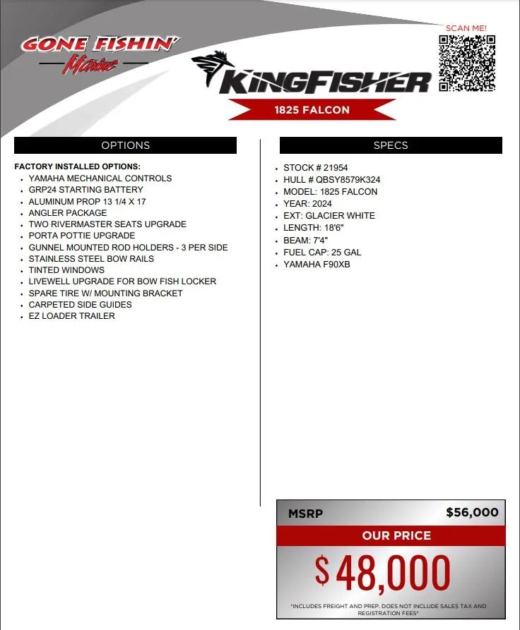Slide: The Image of 2024 KingFisher 1825 Falcon boat, Glacier White, priced at $48,000, featuring Yamaha controls and EZ Loader trailer. - 37