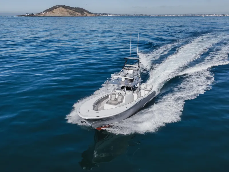 Slide: The Image of 2019 Buddy Davis 42 CC cruising on open water near a distant island. - 3